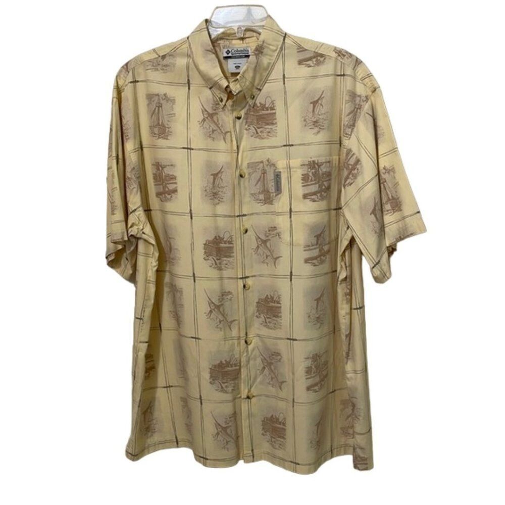 Columbia River Lodge Yellow Mens Shirt Size Extra Large XL Fishing Boat Sailfish